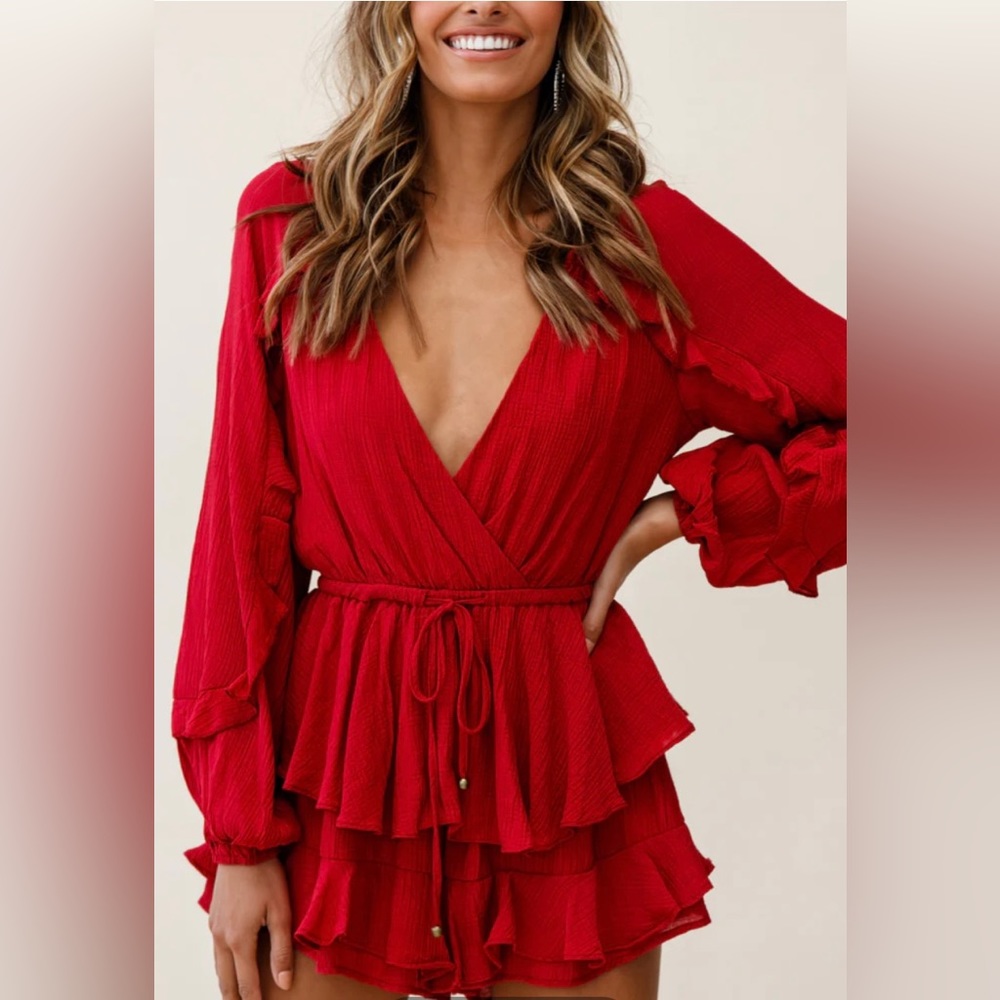 Nebula Long Sleeve Layered Ruffle Romper Wine from Selfie Leslie | Size: S